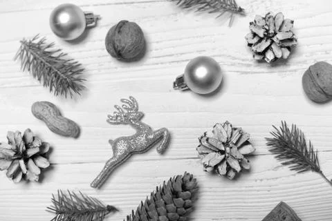 Christmas tree and objects on a white wooden background Stock Photos
