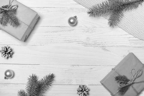 Christmas tree and objects on a white wooden background Stock Photos
