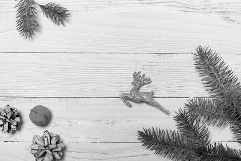 Christmas tree and objects on a white wooden background Stock Photos
