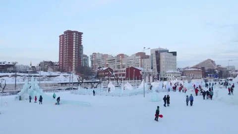 Christmas tree and Perm Ice Town 2017 Ekosad - largest in Russia at day Stock Footage 75470277