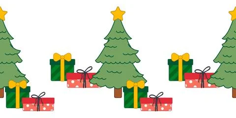 Christmas Tree and Presents Seamless Border Stock Illustration