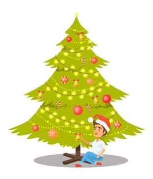 Christmas Tree and Sitting Boy Vector Illustration Stockillustratie