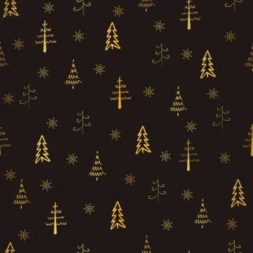 Christmas tree and snowflake vector seamless, repeat pattern. Golden trees. Stock Illustration