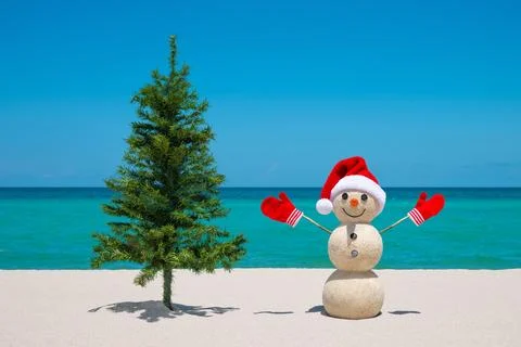 Christmas Tree and Snowman. Sandy snowman on the beach. Merry Christmas. Stock Photos