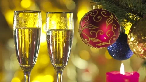 Christmas tree and two champagne glasses Stock Footage 56733070