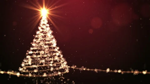 Christmas tree animation with lights particles and snowflakes on red Stock Footage 159120083
