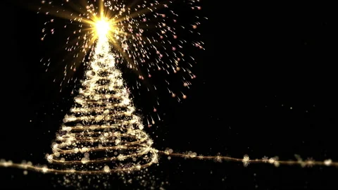 Christmas tree animation with lights particles and snowflakes on black Stock Footage 159287453