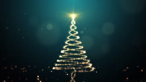 Christmas tree animation with lights particles and snowflakes on green Stock Footage 255726813
