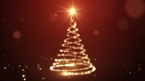 Christmas tree animation with lights particles and snowflakes on red Stock Illustration