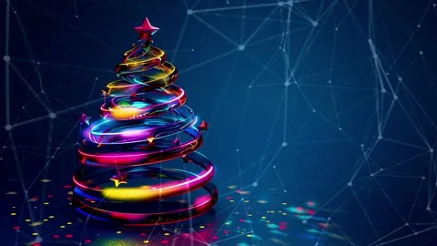 Christmas Tree. Background with flying paternas. Midnight neon background. Neon. Stock Footage 273631159
