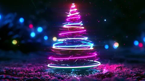 Christmas Tree. Background with flying paternas. Midnight neon background. Neon. Stock Footage 273631162