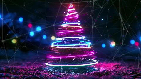 Christmas Tree. Background with flying paternas. Midnight neon background. Neon. Stock Footage 273631164