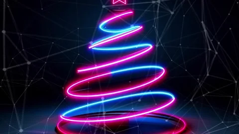 Christmas Tree. Background with flying paternas. Midnight neon background. Neon. Stock Footage 273631168