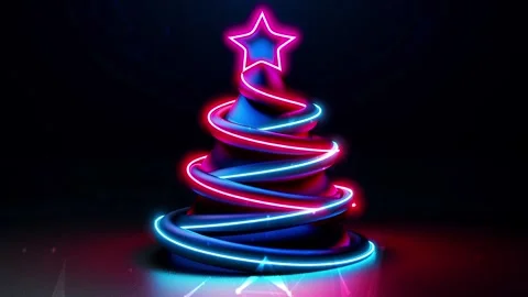 Christmas Tree. Background with flying paternas. Midnight neon background. Neon. Stock Footage 273631178
