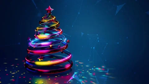 Christmas Tree. Background with flying paternas. Midnight neon background. Neon. Stock Footage 273631293