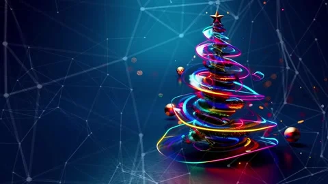 Christmas Tree. Background with flying paternas. Midnight neon background. Neon. Stock Footage 273631297