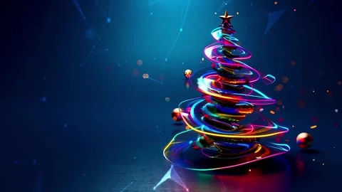 Christmas Tree. Background with flying paternas. Midnight neon background. Neon. Stock Footage 273631310