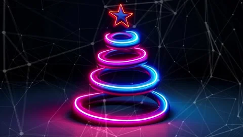 Christmas Tree. Background with flying paternas. Midnight neon background. Neon. Stock Footage 273631317