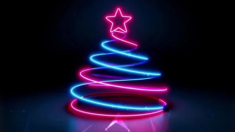 Christmas Tree. Background with flying paternas. Midnight neon background. Neon. Stock Footage 273631429