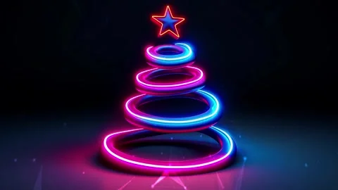 Christmas Tree. Background with flying paternas. Midnight neon background. Neon. Stock Footage 273631436