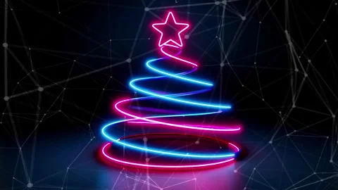 Christmas Tree. Background with flying paternas. Midnight neon background. Neon. Stock Footage 273631463