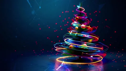 Christmas Tree. Background with flying paternas. Midnight neon background. Neon. Stock Footage 273631648