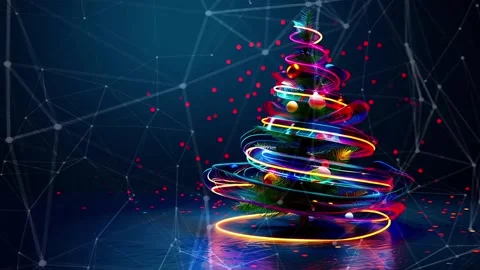 Christmas Tree. Background with flying paternas. Midnight neon background. Neon. Stock Footage 273631649