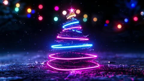 Christmas Tree. Background with flying paternas. Midnight neon background. Neon. Stock Footage 273631662