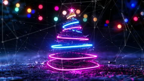 Christmas Tree. Background with flying paternas. Midnight neon background. Neon. Stock Footage 273631739