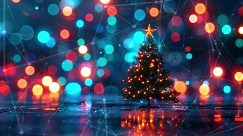 Christmas Tree. Background with flying paternas. Midnight neon background. Neon. Stock Footage 273631743
