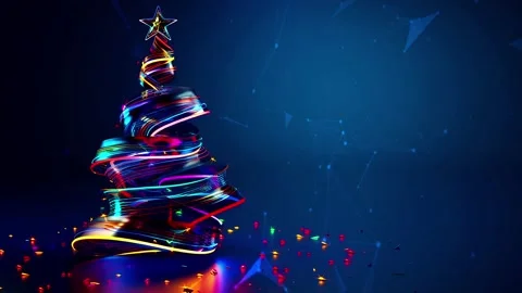 Christmas Tree. Background with flying paternas. Midnight neon background. Neon. Stock Footage 273631754