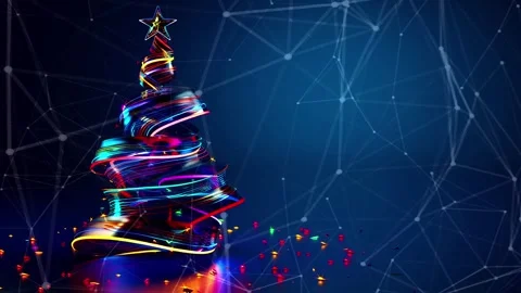 Christmas Tree. Background with flying paternas. Midnight neon background. Neon. Stock Footage 273631772