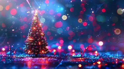 Christmas Tree. Background with flying paternas. Midnight neon background. Neon. Stock Footage 273631962