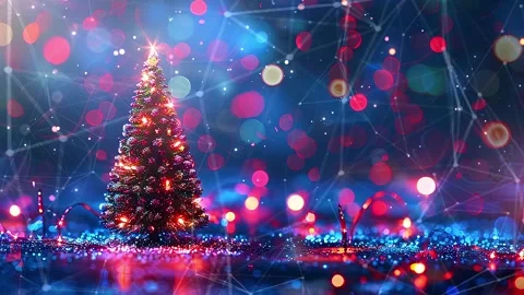 Christmas Tree. Background with flying paternas. Midnight neon background. Neon. Stock Footage 273631991