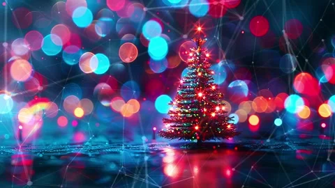 Christmas Tree. Background with flying paternas. Midnight neon background. Neon. Stock Footage 273632001