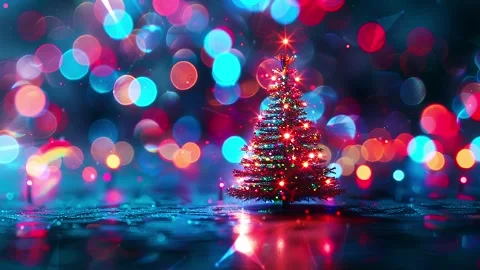 Christmas Tree. Background with flying paternas. Midnight neon background. Neon. Stock Footage 273632094