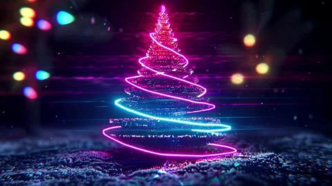 Christmas Tree. Background with flying paternas. Midnight neon background. Neon. Stock Footage 273632099