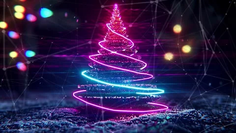 Christmas Tree. Background with flying paternas. Midnight neon background. Neon. Stock Footage 273632131