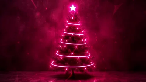 Christmas Tree. Background with flying paternas. Midnight neon background. Neon. Stock Footage 273632166