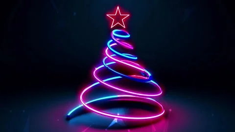 Christmas Tree. Background with flying paternas. Midnight neon background. Neon. Stock Footage 273632286