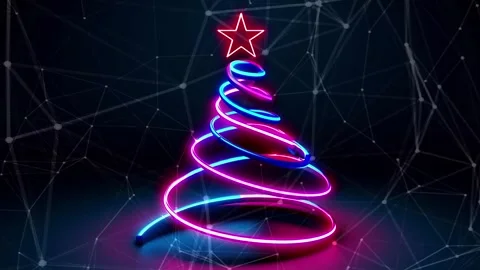 Christmas Tree. Background with flying paternas. Midnight neon background. Neon. Stock Footage 273632288