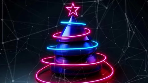 Christmas Tree. Background with flying paternas. Midnight neon background. Neon. Video stock 273632305