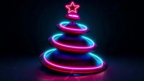 Christmas Tree. Background with flying paternas. Midnight neon background. Neon. Stock Footage 273632326