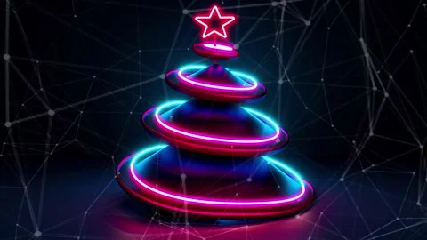 Christmas Tree. Background with flying paternas. Midnight neon background. Neon. Stock Footage 273632424
