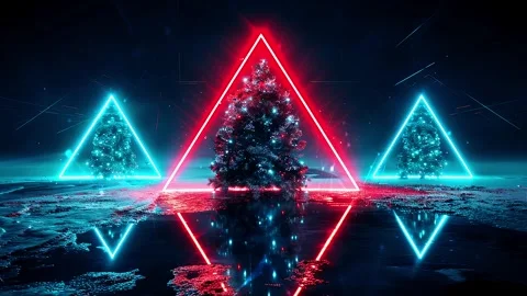 Christmas Tree. Background with flying paternas. Midnight neon background. Neon. Stock Footage 273632441