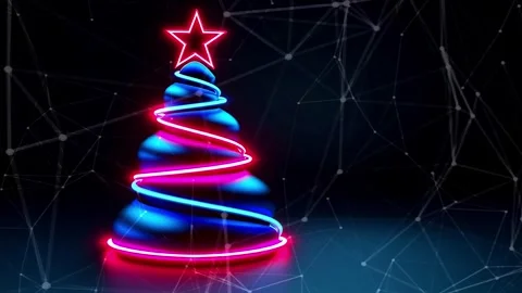 Christmas Tree. Background with flying paternas. Midnight neon background. Neon. Stock Footage 273632454