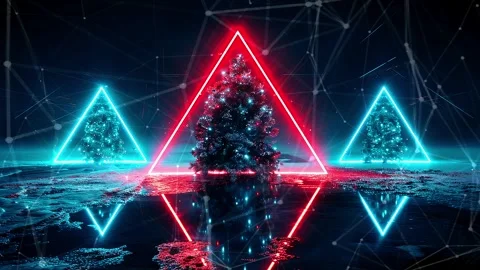 Christmas Tree. Background with flying paternas. Midnight neon background. Neon. Stock Footage 273632460