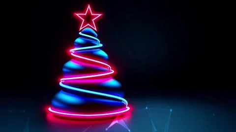 Christmas Tree. Background with flying paternas. Midnight neon background. Neon. Stock Footage 273632475