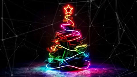 Christmas Tree. Background with flying paternas. Midnight neon background. Neon. Stock Footage 273632555