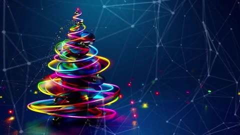 Christmas Tree. Background with flying paternas. Midnight neon background. Neon. Stock Footage 273632583